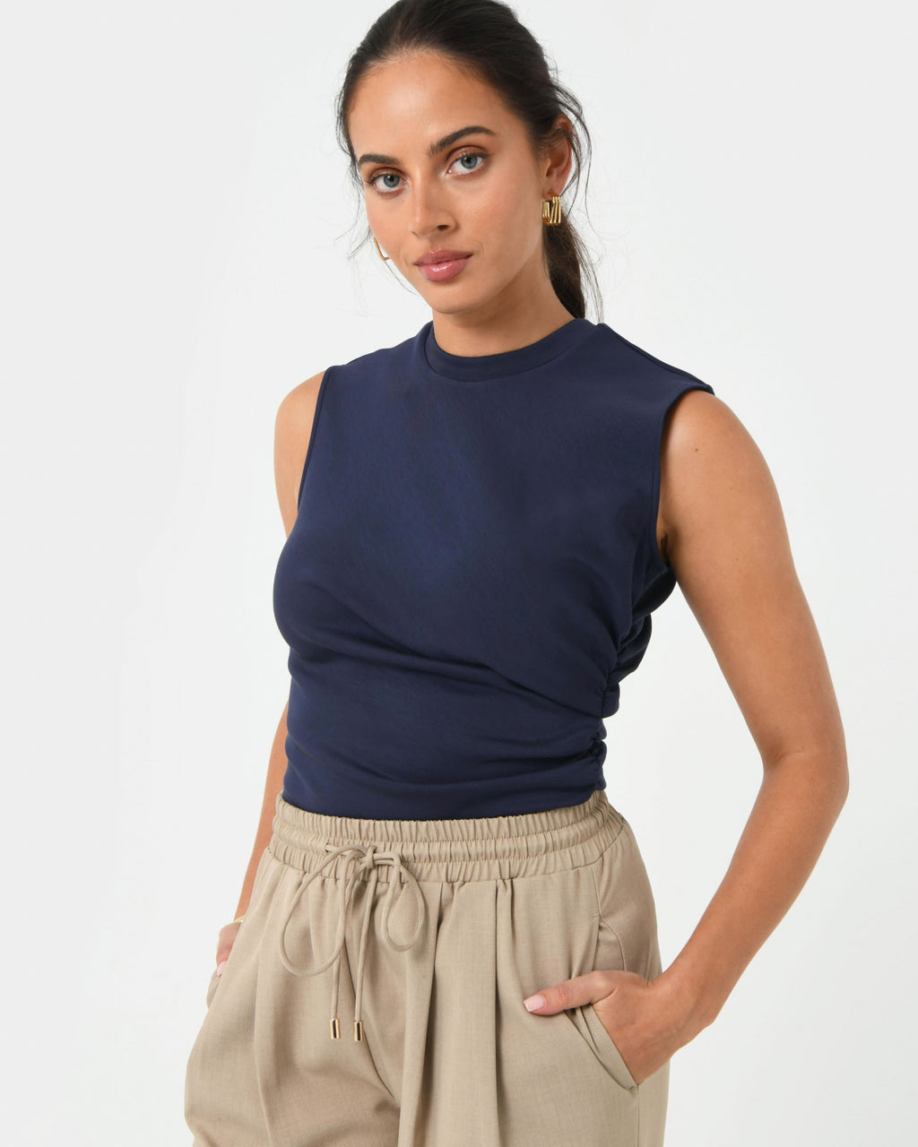 Lulu Ruched Top in navy — close-up view