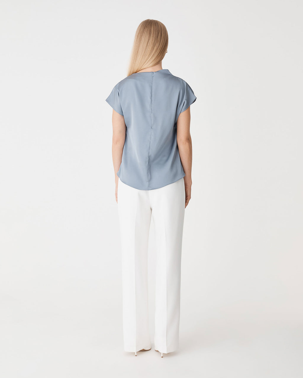 Zafina Pleated Draped Top in oyster blue — back view
