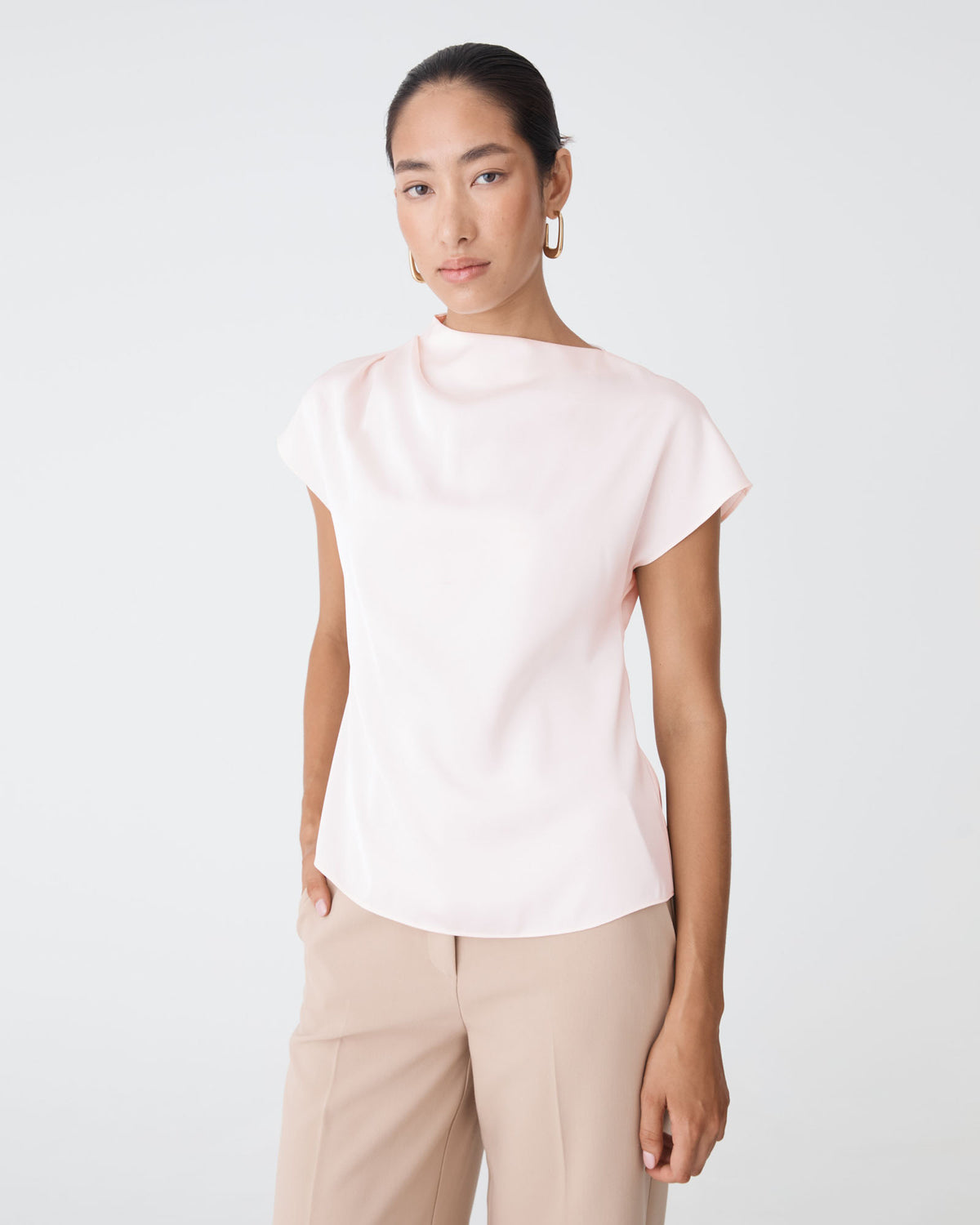 Zafina Pleated Draped Top in pearl — close-up view