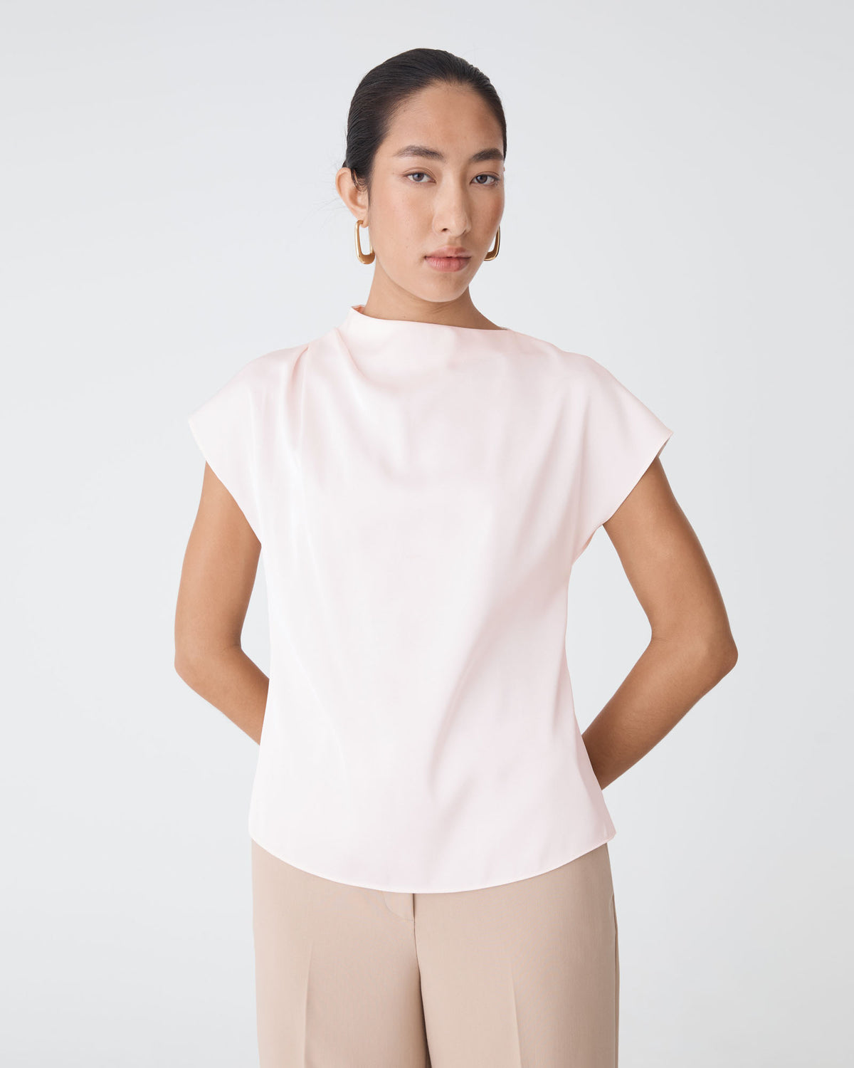 Zafina Pleated Draped Top in pearl — close-up view 2