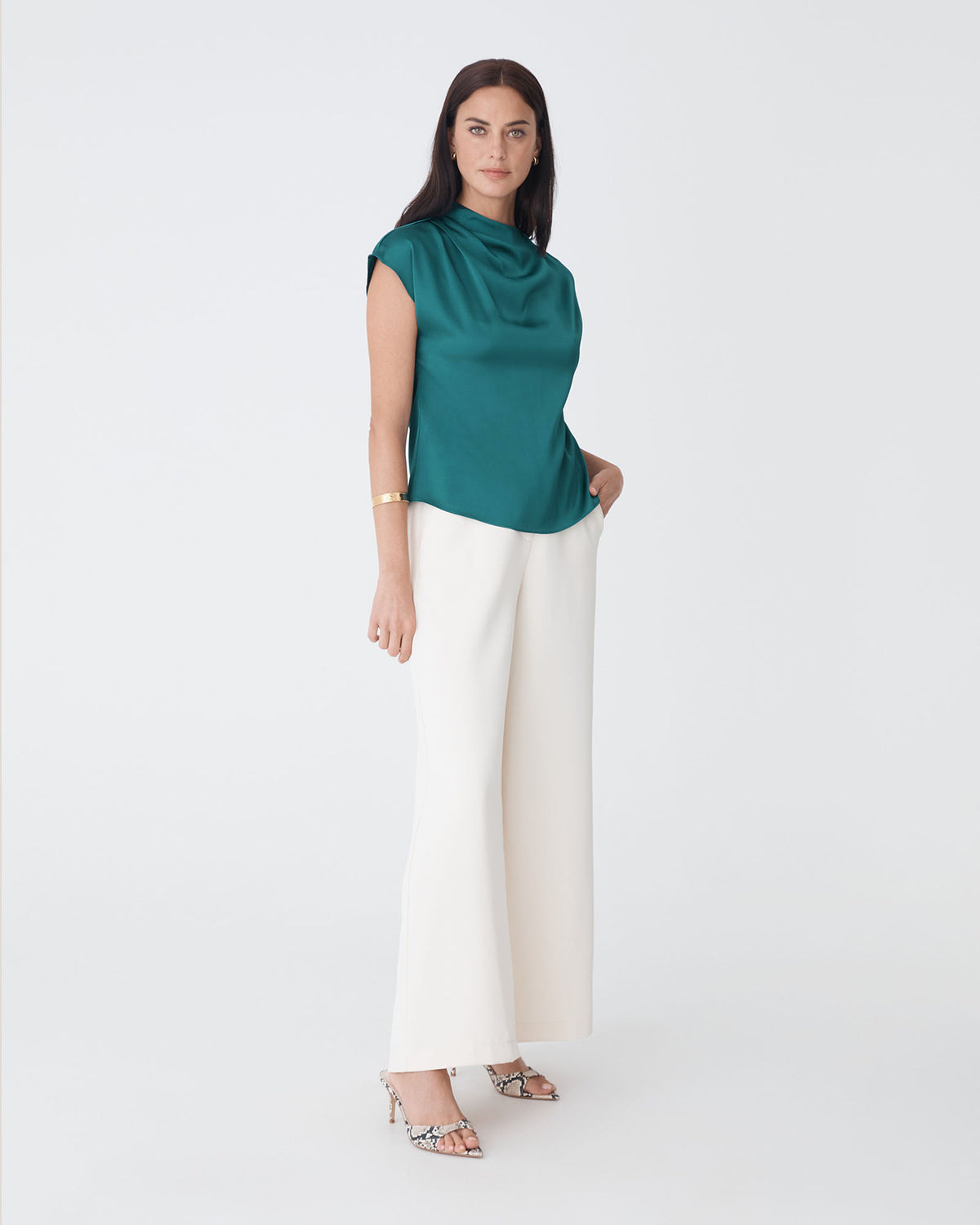 Zafina Pleated Draped Top in teal — side view