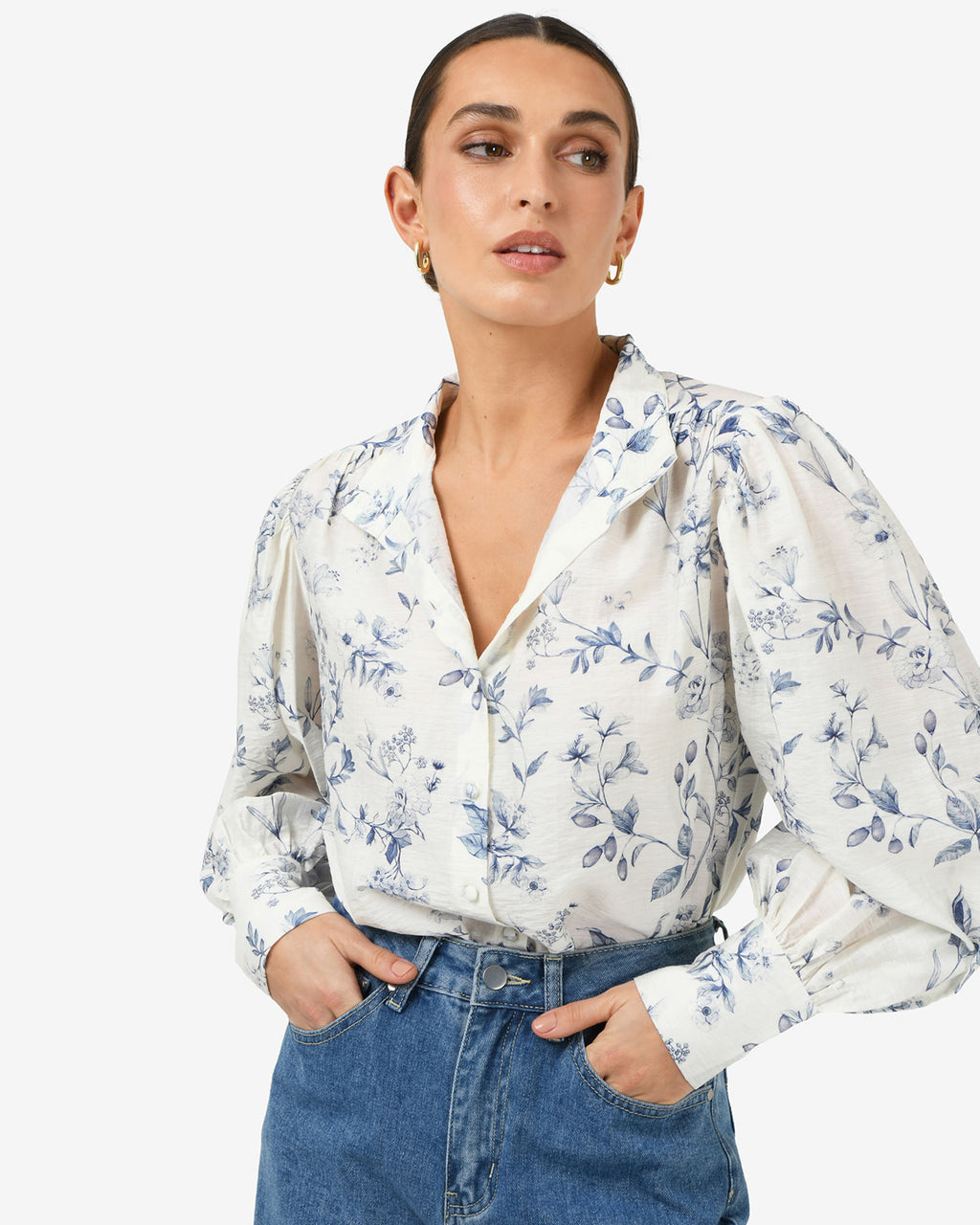 Jasmine Floral Blouse in ivory blue — close-up view 2