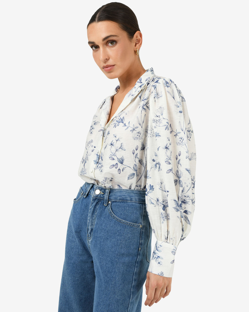 Jasmine Floral Blouse in ivory blue — side view