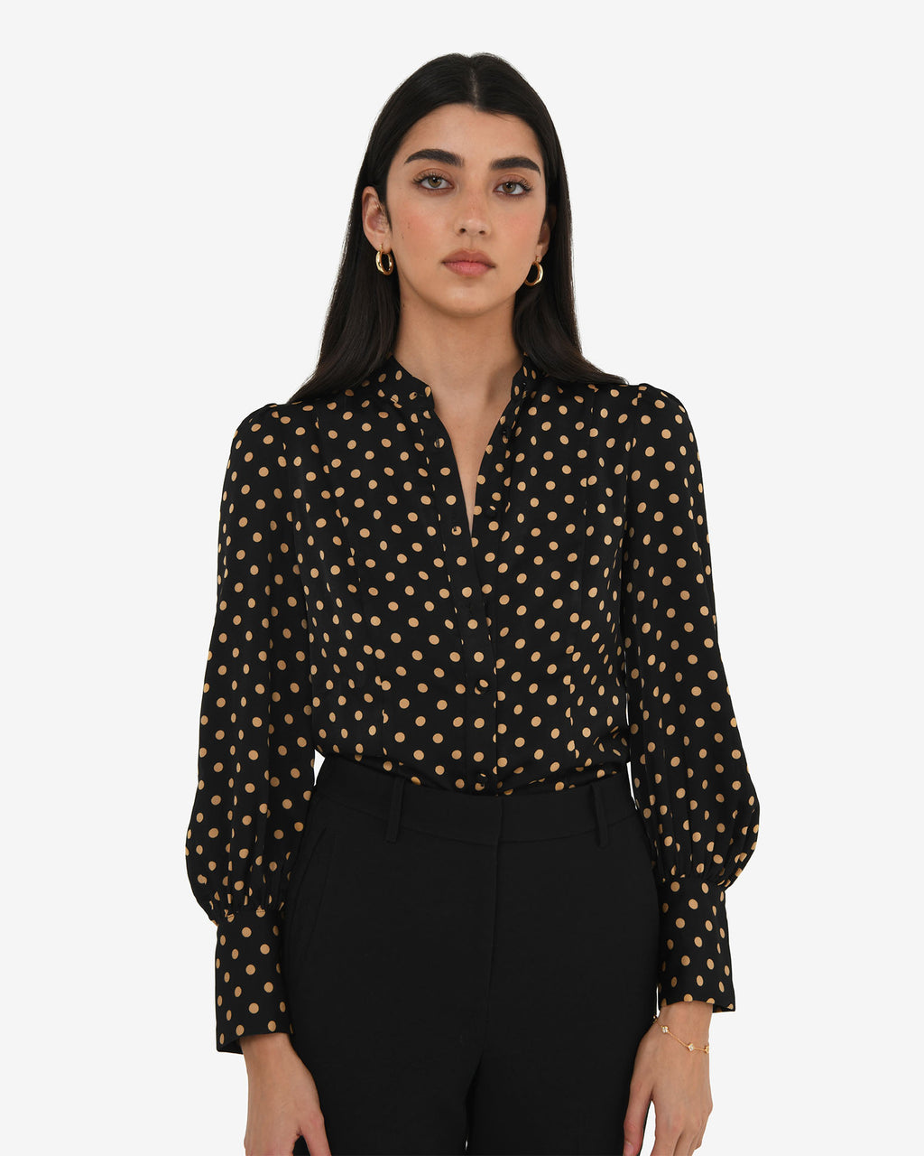 Dotti Polka Dot Printed Blouse in black polka dot — close-up view