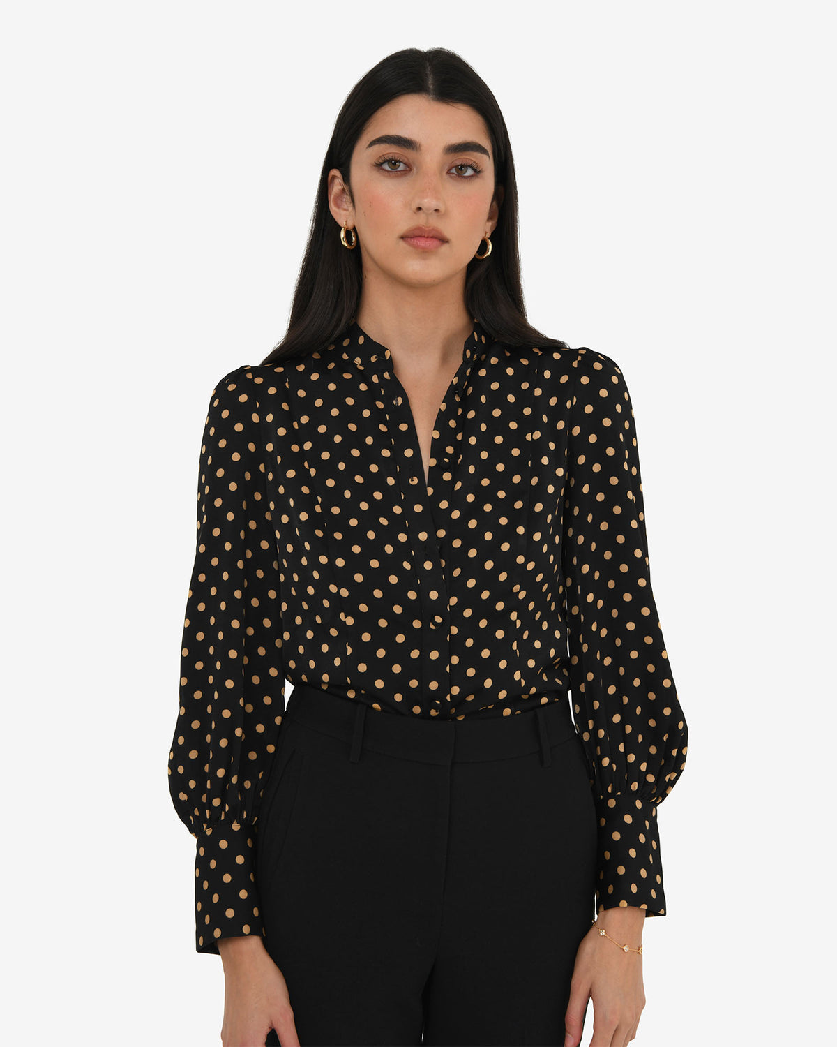 Dotti Polka Dot Printed Blouse in black polka dot — close-up view