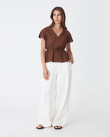 Bronte Cotton Drawstring Top in chocolate — full-length view