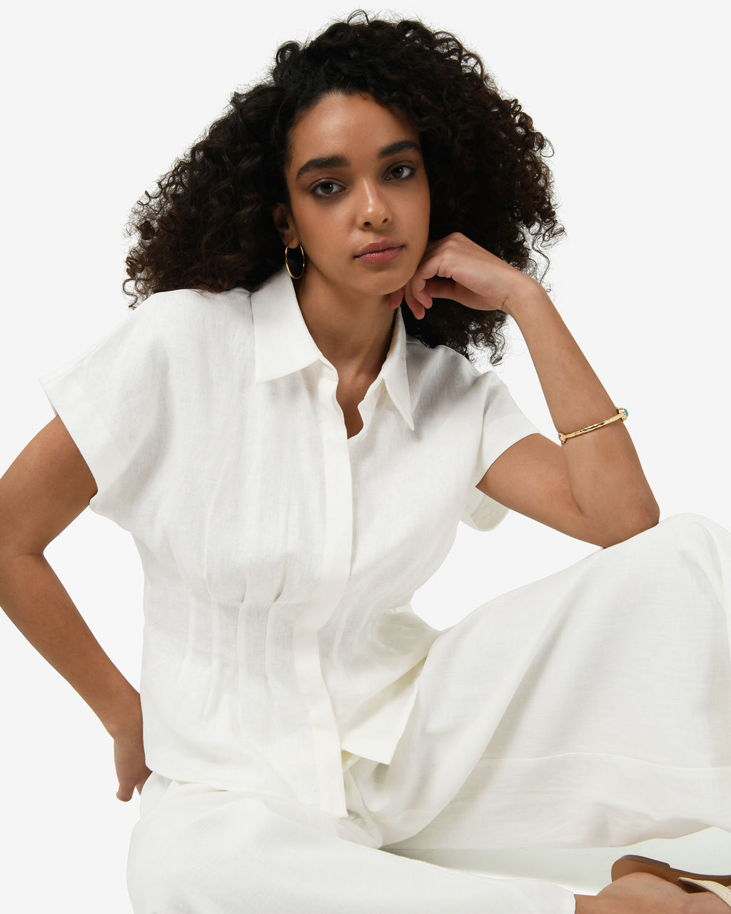 Ami Linen Pleated Tuck Shirt in ivory — close-up view 2