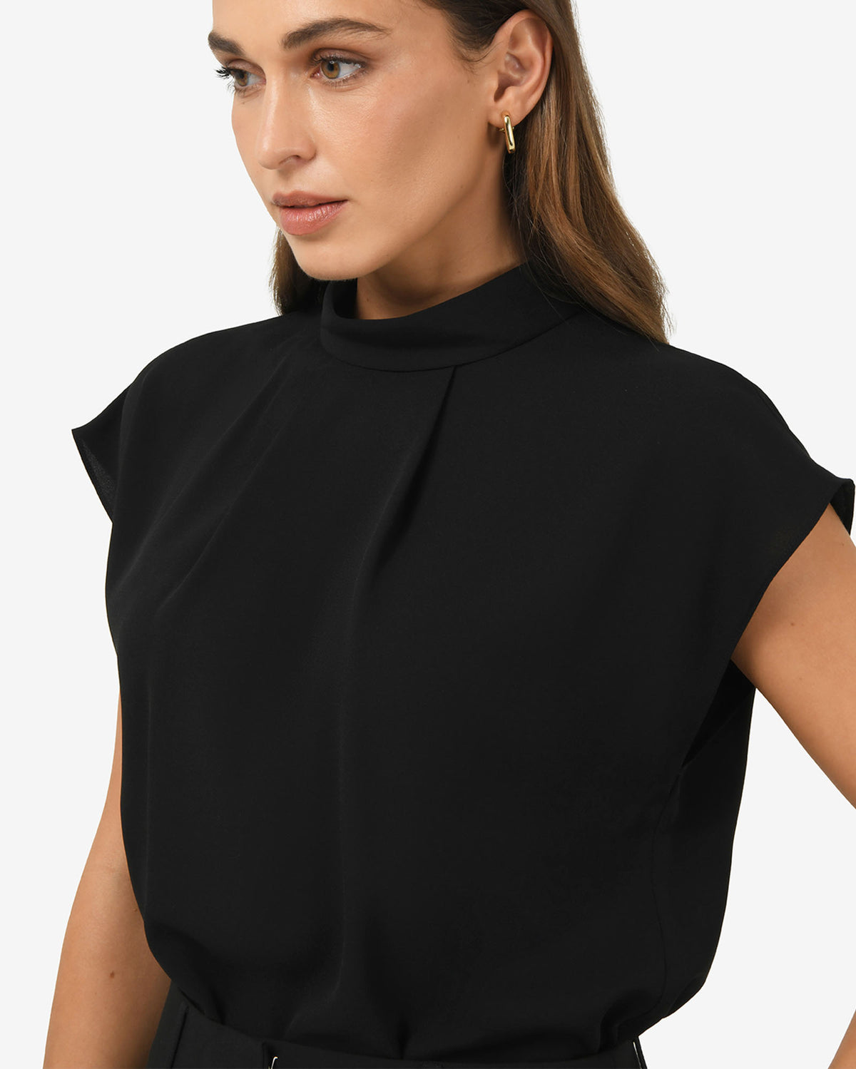 Tiara High Neck Shell Top in black — fabric detail