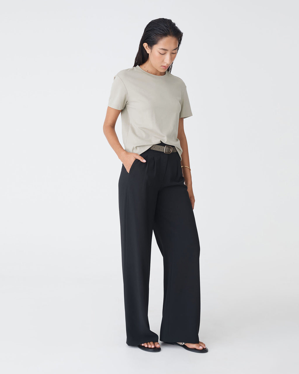 May Relaxed Cotton T-shirt in soft khaki — full-length view 2