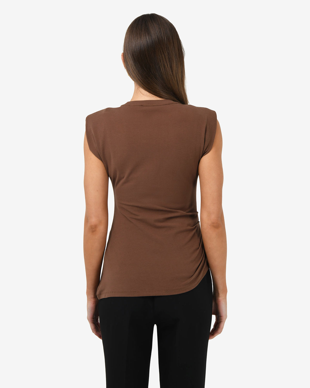 Sarah Padded Ruched Jersey Top in chocolate — back view