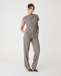 Loretta Pleat Belted Top in latte check — full-length view