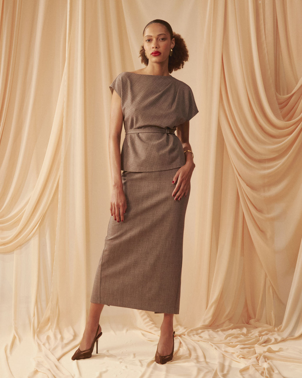 Loretta Pleat Belted Top in latte check — alternate view