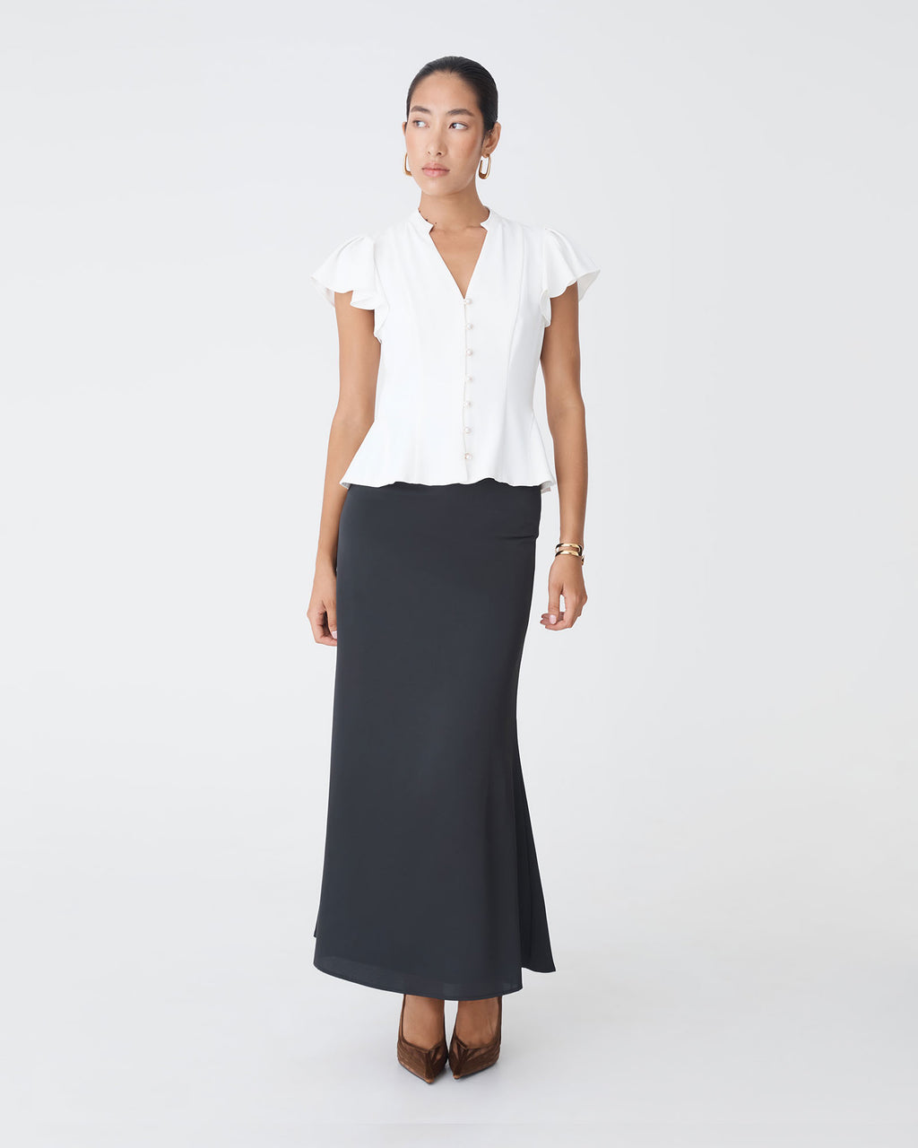 Carissa Gathered Sleeve Top in white — full-length view