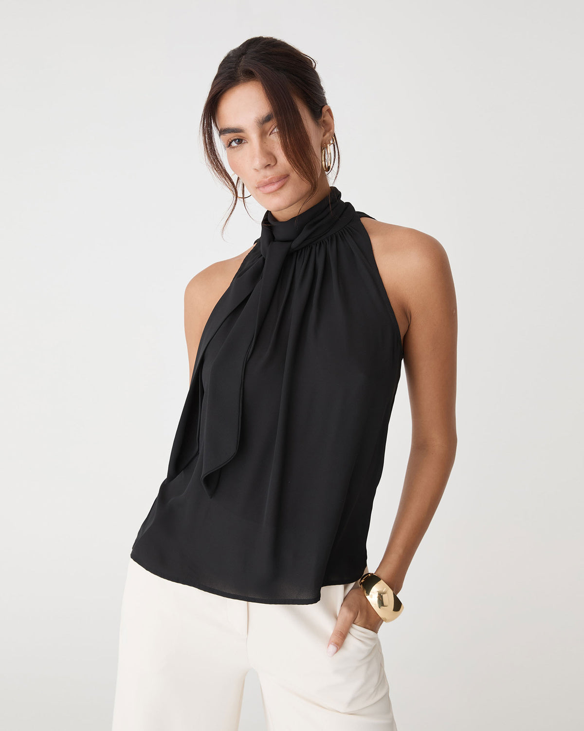 Shelby Draped Sleeveless Top in black — close-up view 2