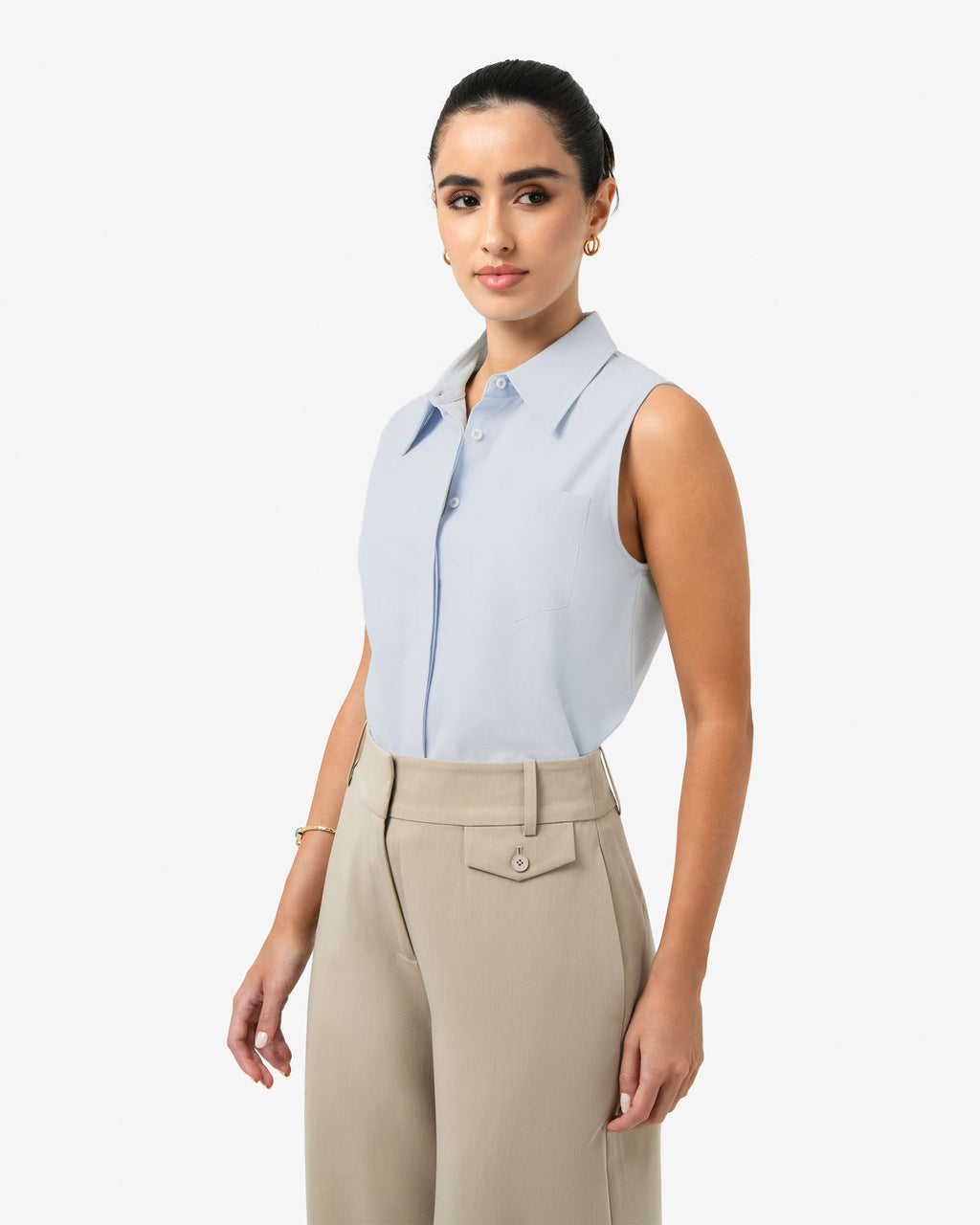 Kia Cotton Sleeveless Shirt in pastel blue — side view