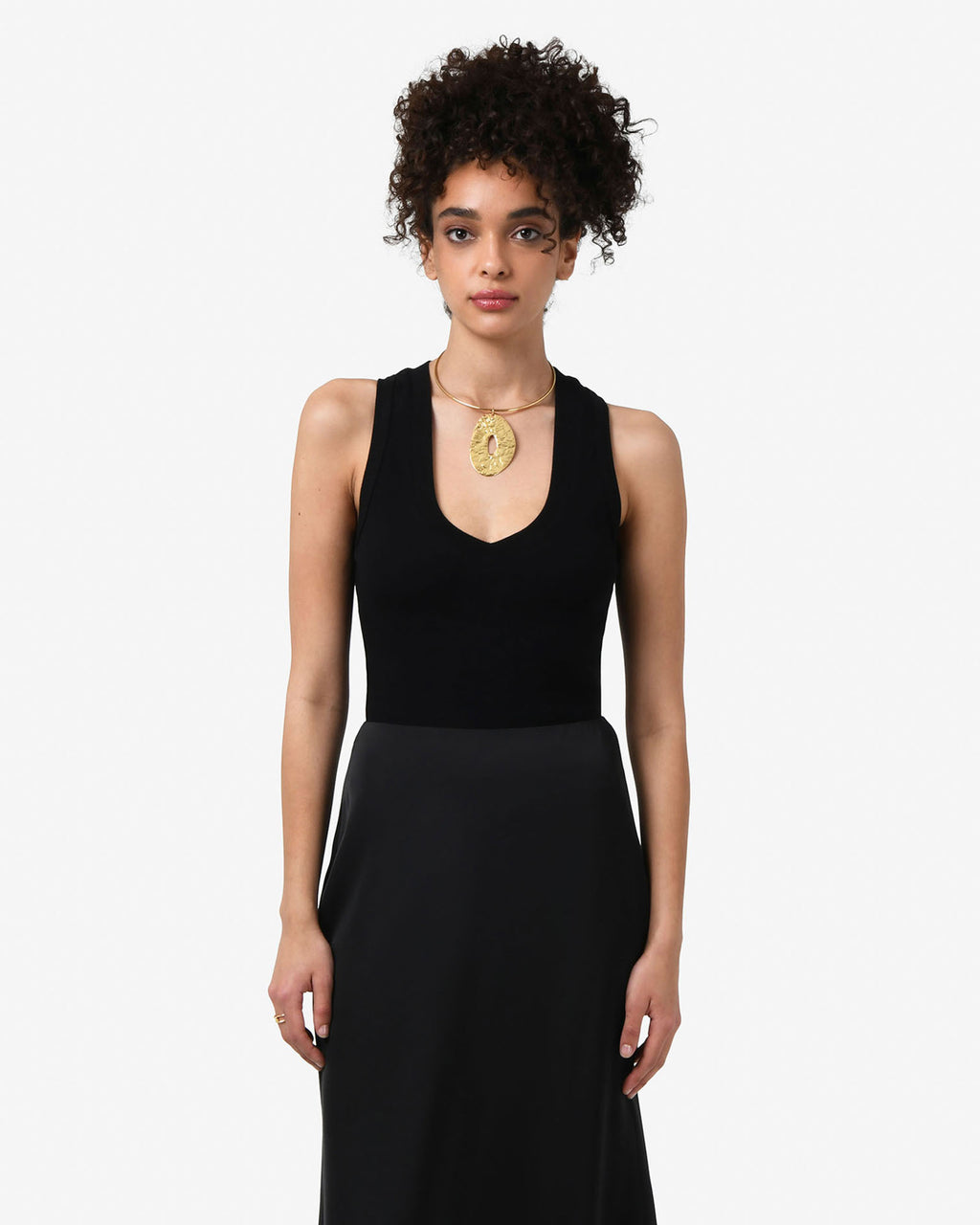 Devon V-Neck Singlet in black — close-up view