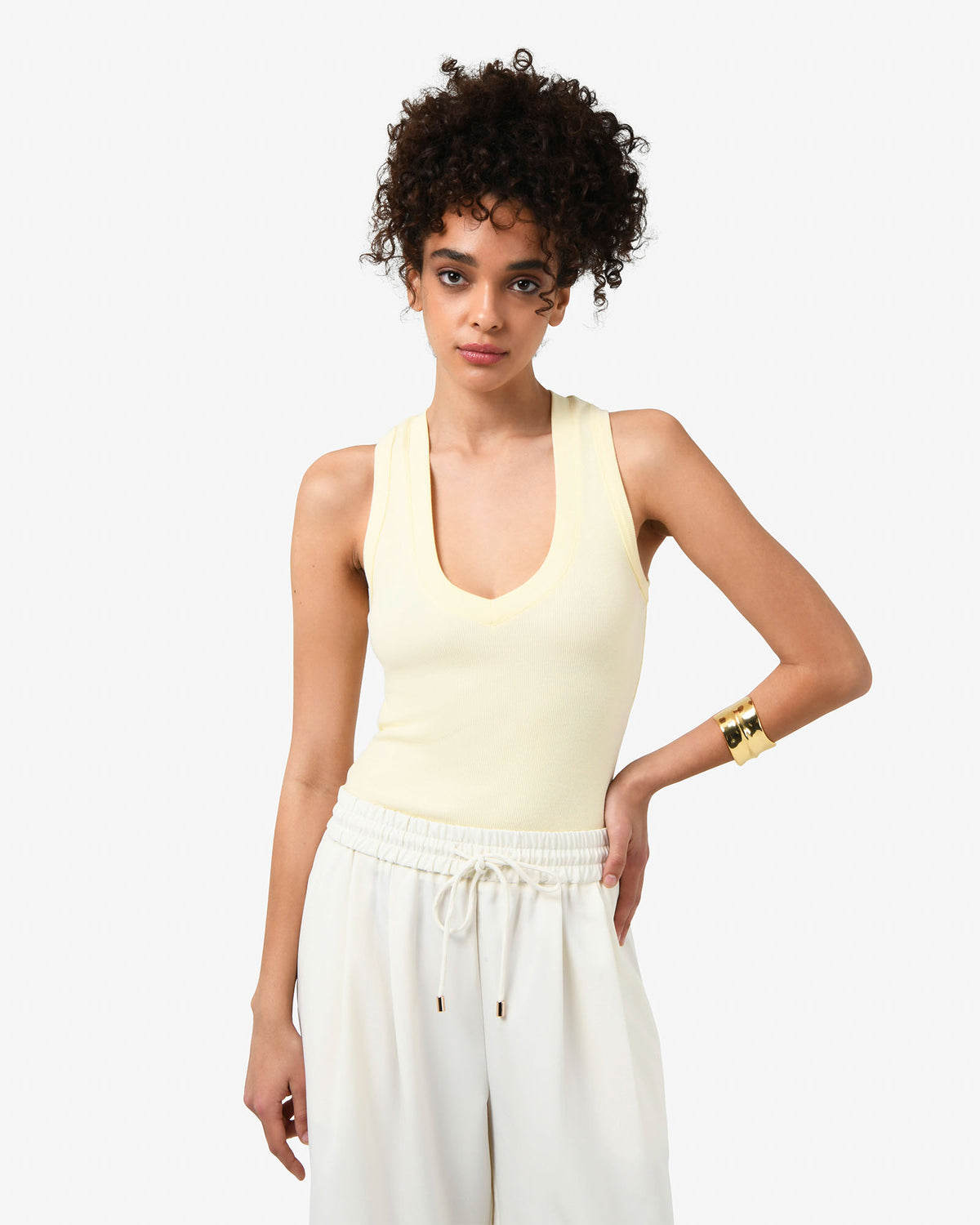 Devon V-Neck Singlet in butter — close-up view