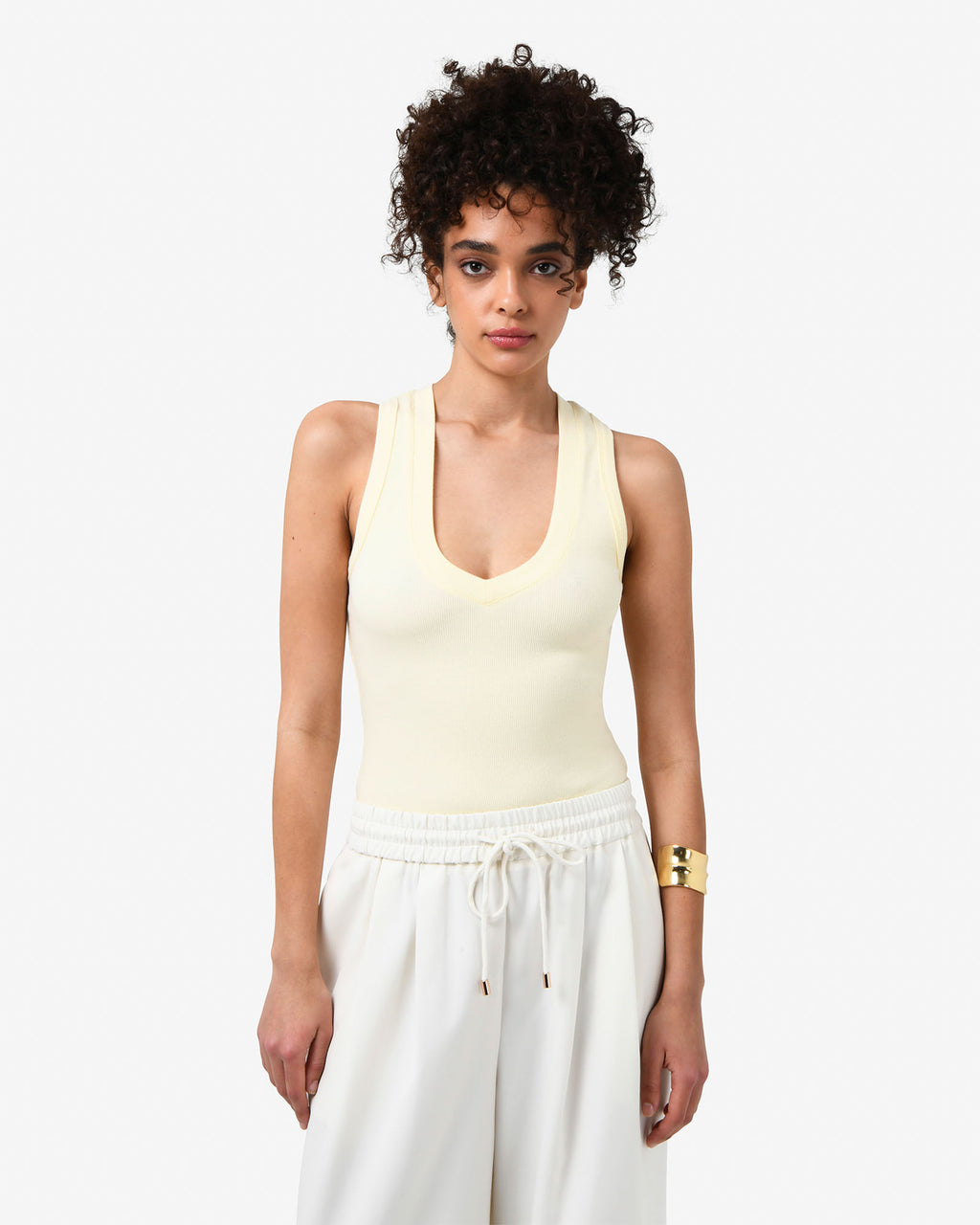 Devon V-Neck Singlet in butter — close-up view 2