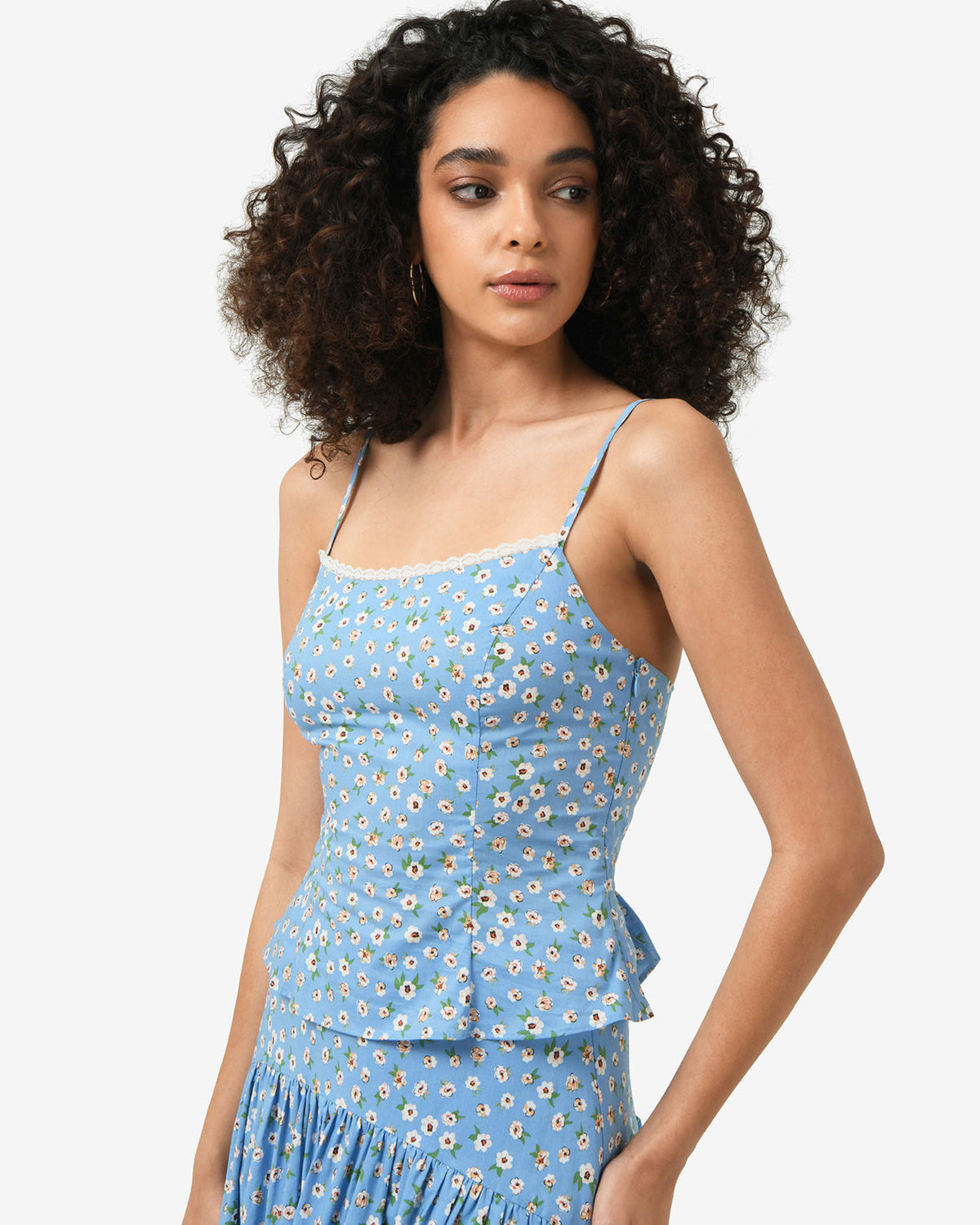 Alisa Cami Floral Top in blue ditsy — side view