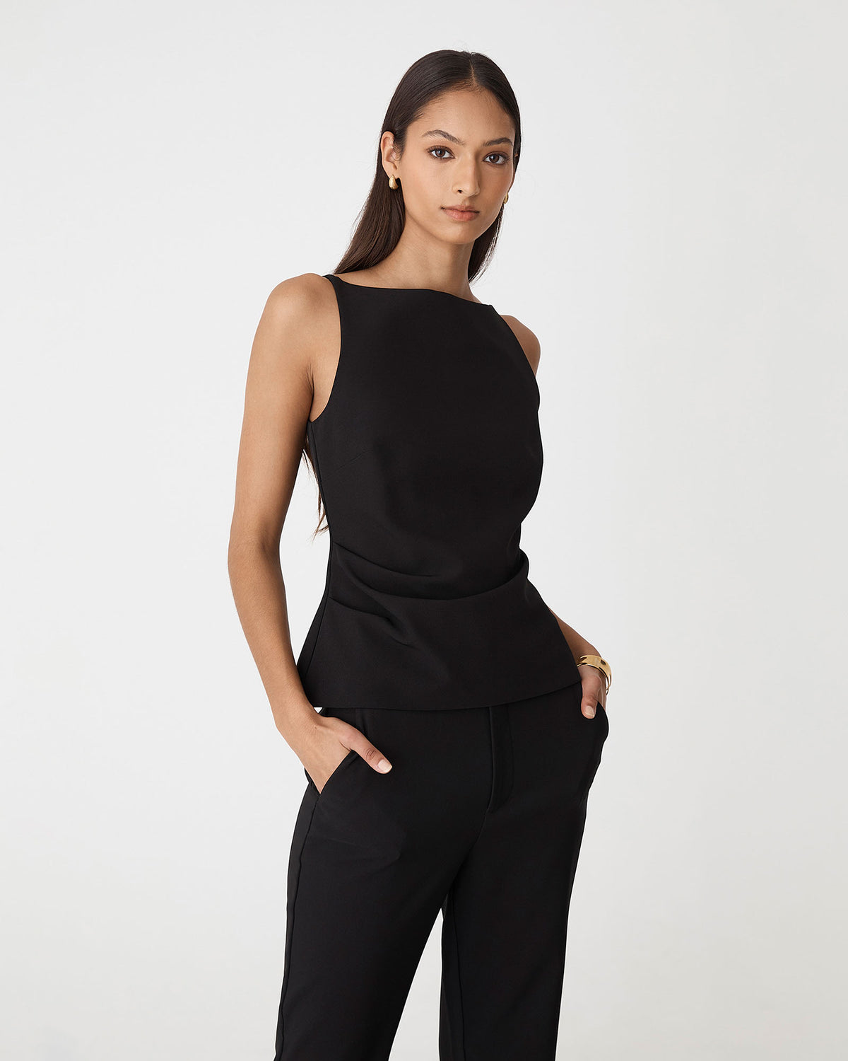 Hannah Apron Top in black — close-up view 2