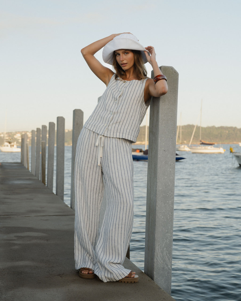 Milos Button Through Shell Top in blue stripe — alternate view