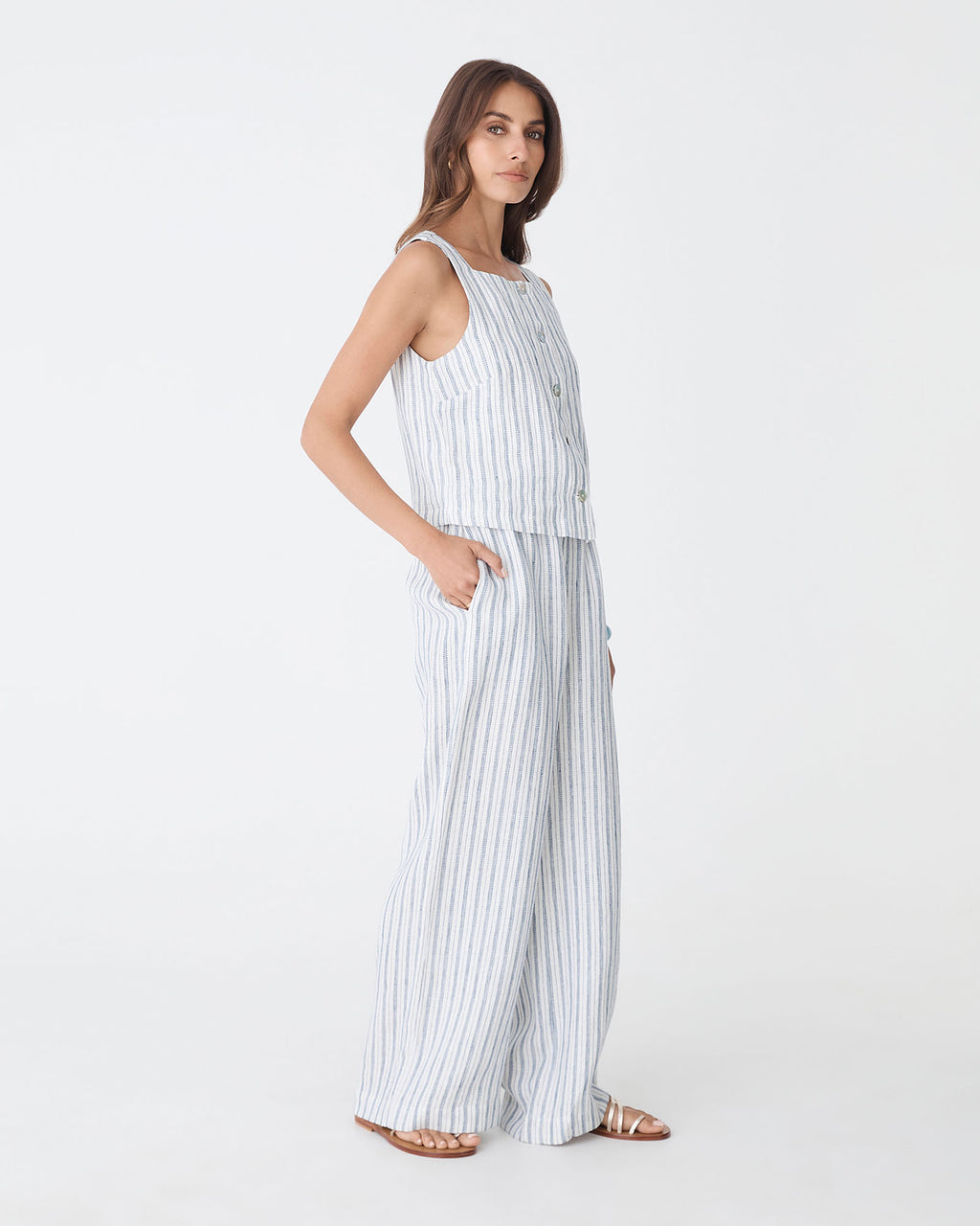 Milos Button Through Shell Top in blue stripe — side view 2