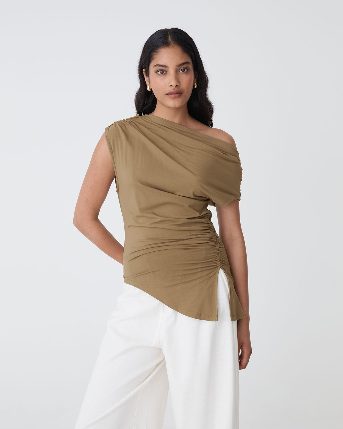 Keeley Bamboo Split Hem Top in tan — close-up view