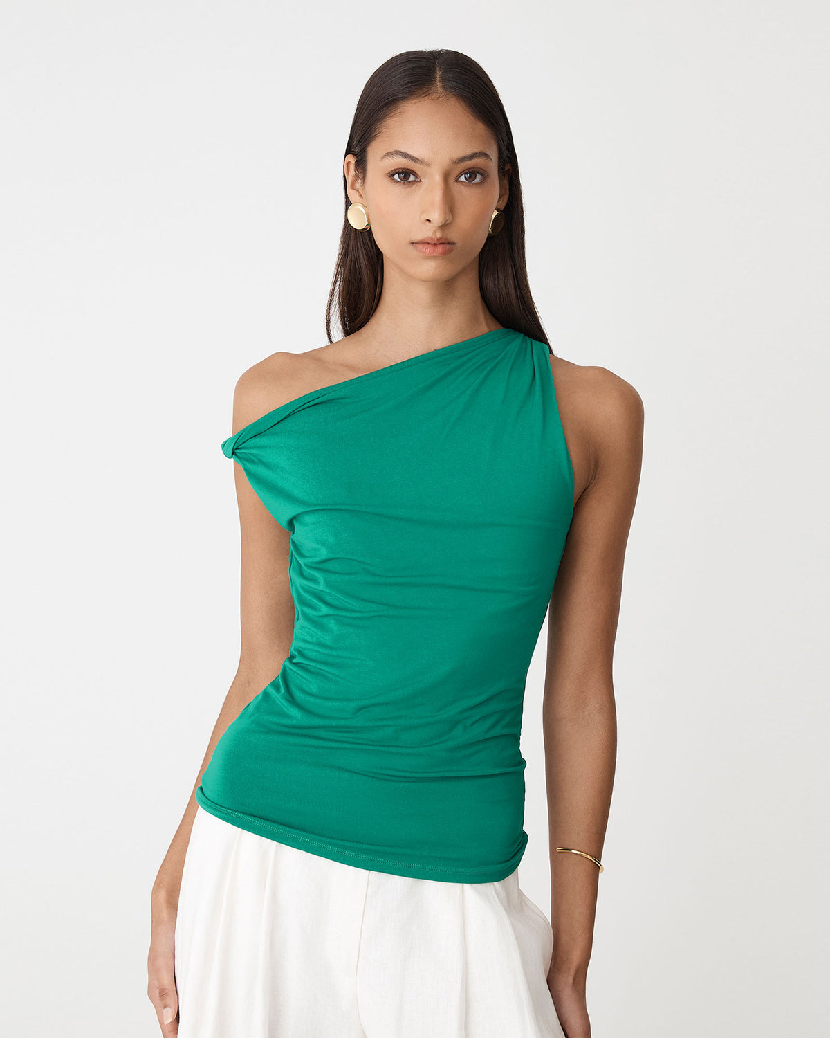 Cici Bamboo Twist Shoulder Top in emerald — close-up view