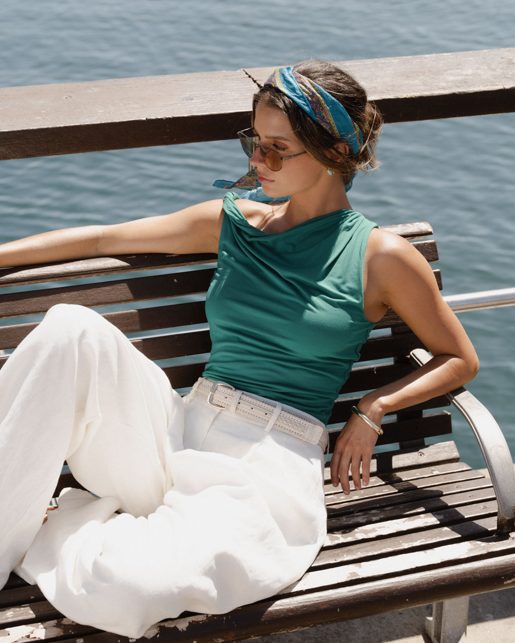 Cici Bamboo Twist Shoulder Top in emerald — alternate view