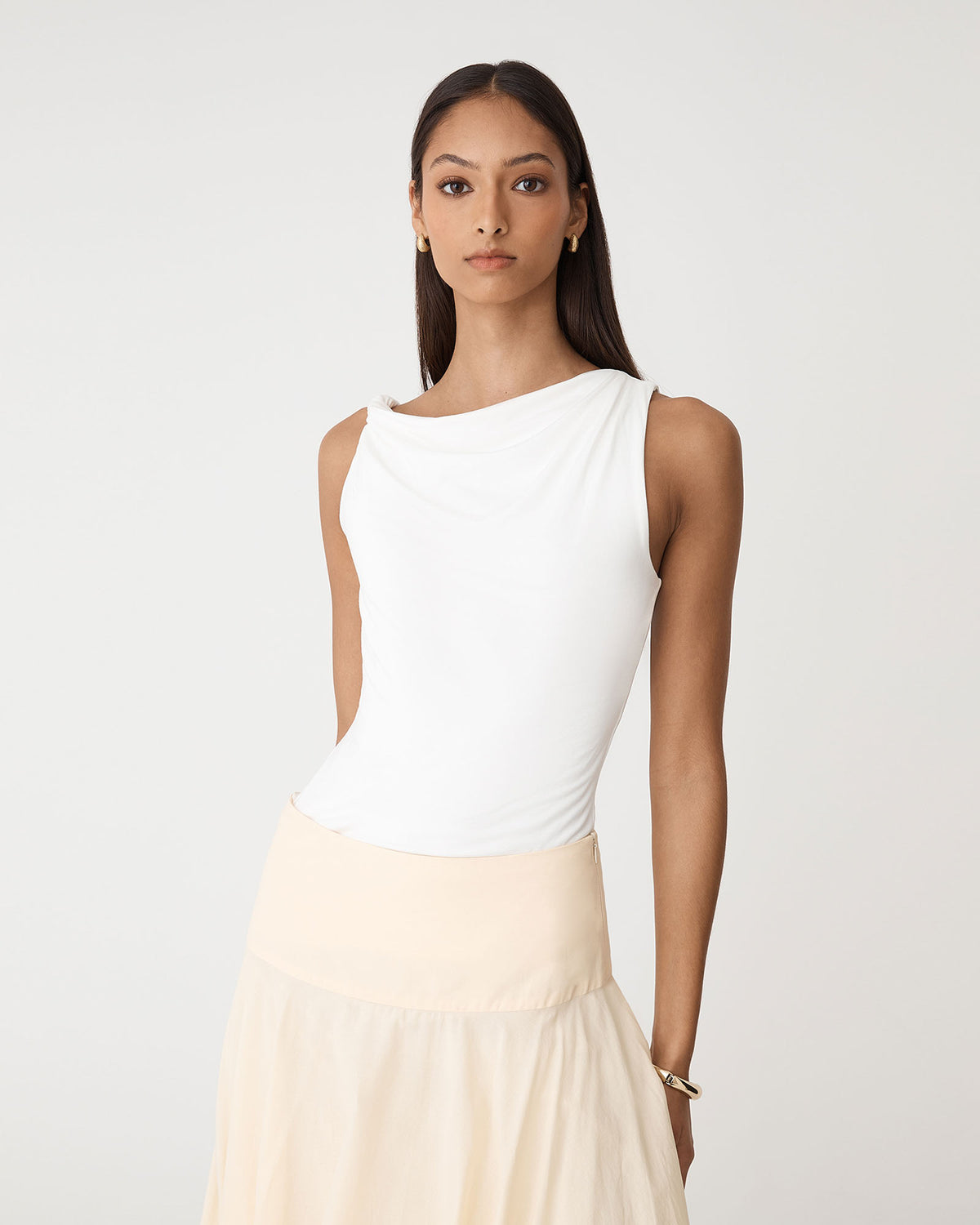 Cici Bamboo Twist Shoulder Top in ivory — close-up view