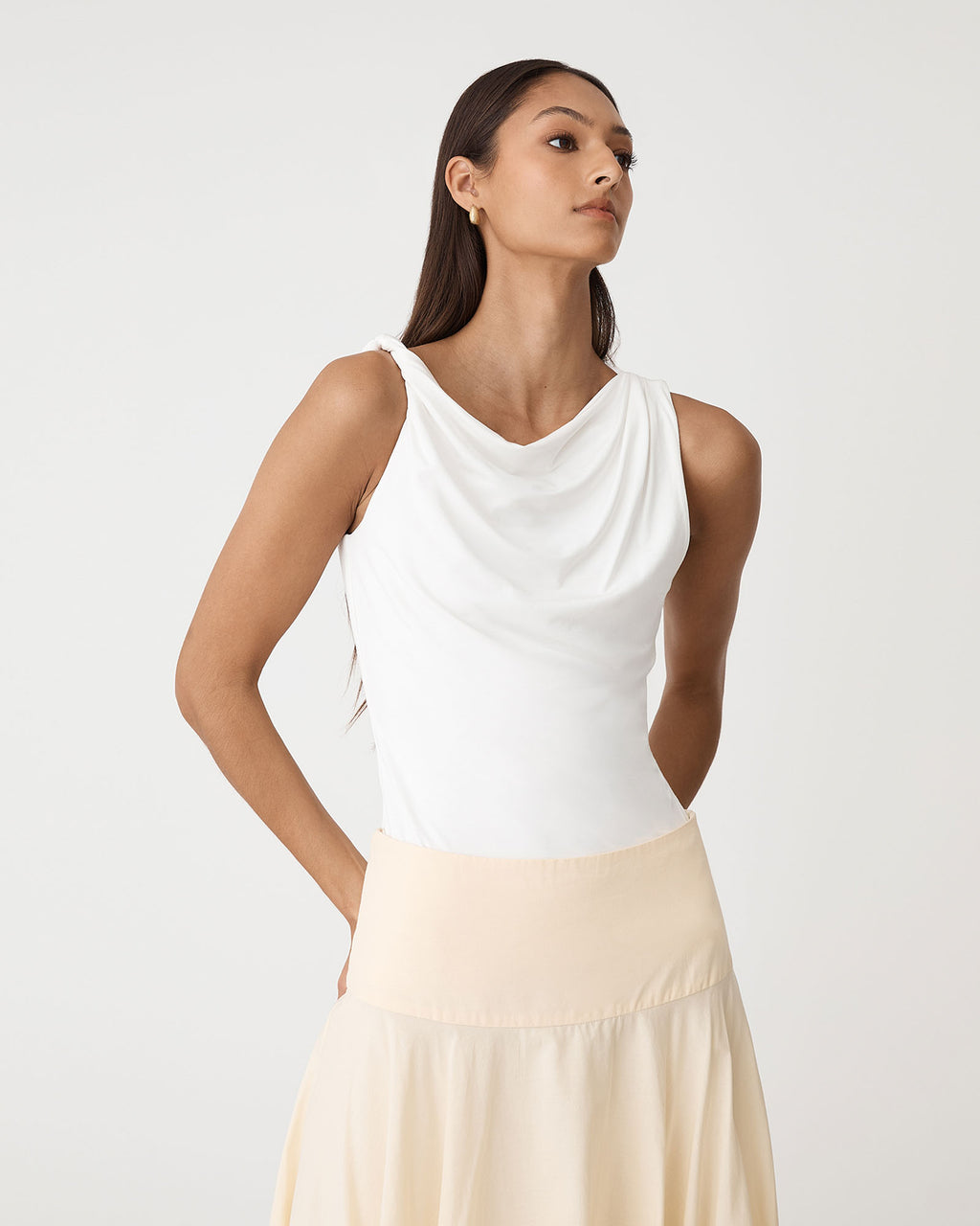 Cici Bamboo Twist Shoulder Top in ivory — close-up view 2