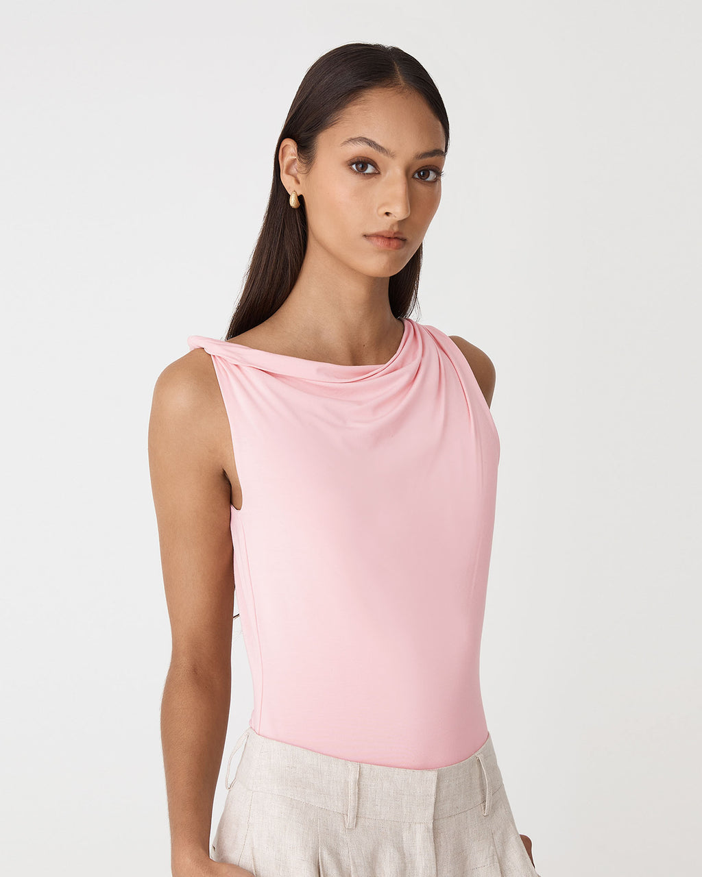 Cici Bamboo Twist Shoulder Top in pink — close-up view 2