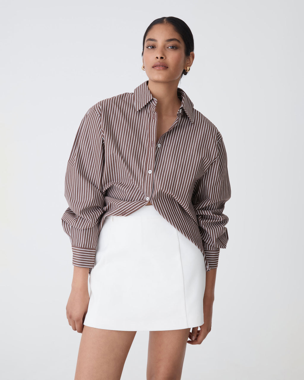 Samara Cotton Striped Shirt in chocolate stripe — close-up view 2