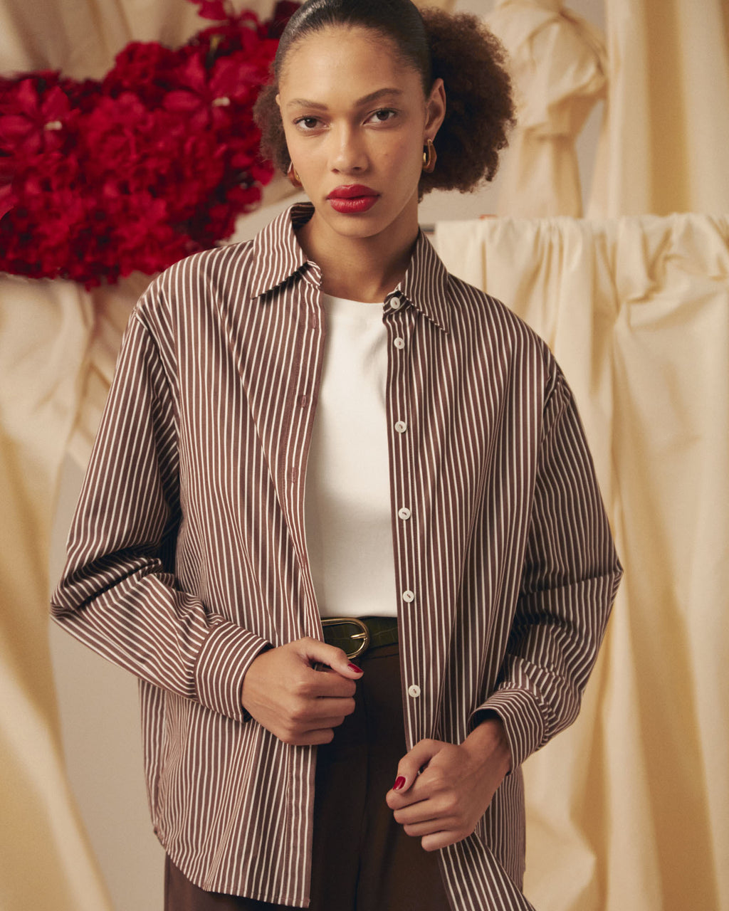 Samara Cotton Striped Shirt in chocolate stripe — alternate view