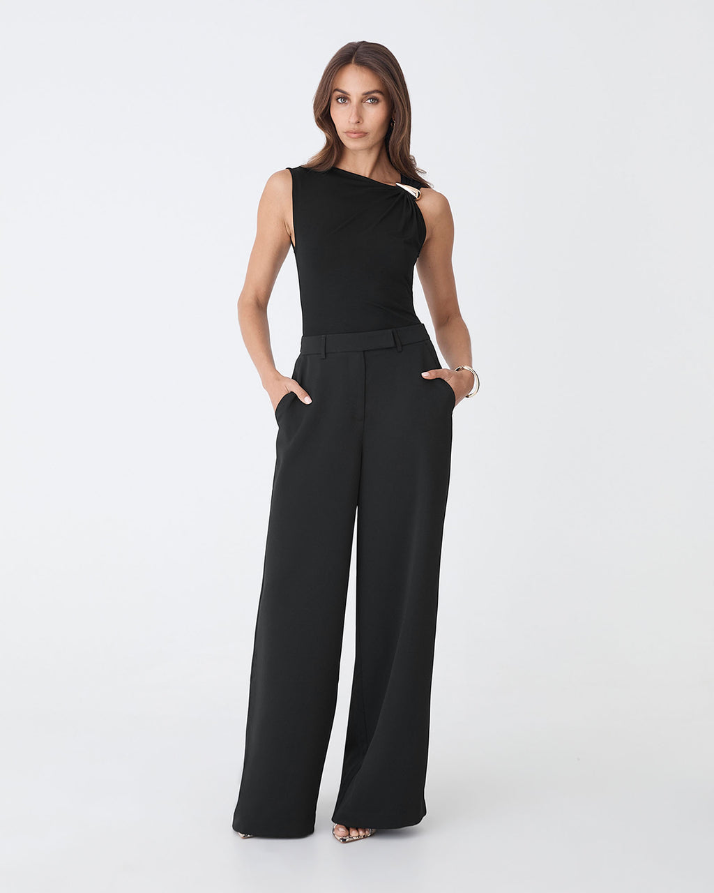 Kirsty Bamboo Ruched Top in black — full-length view 2