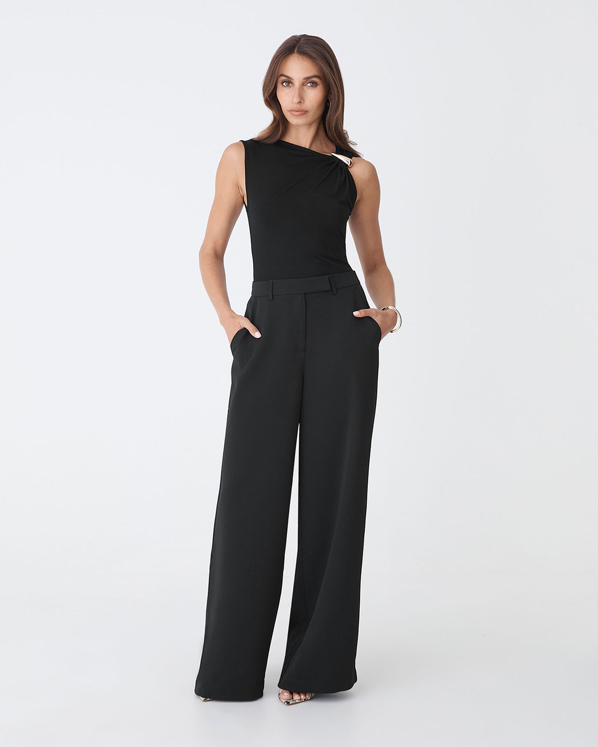 Kirsty Bamboo Ruched Top in black — full-length view 2
