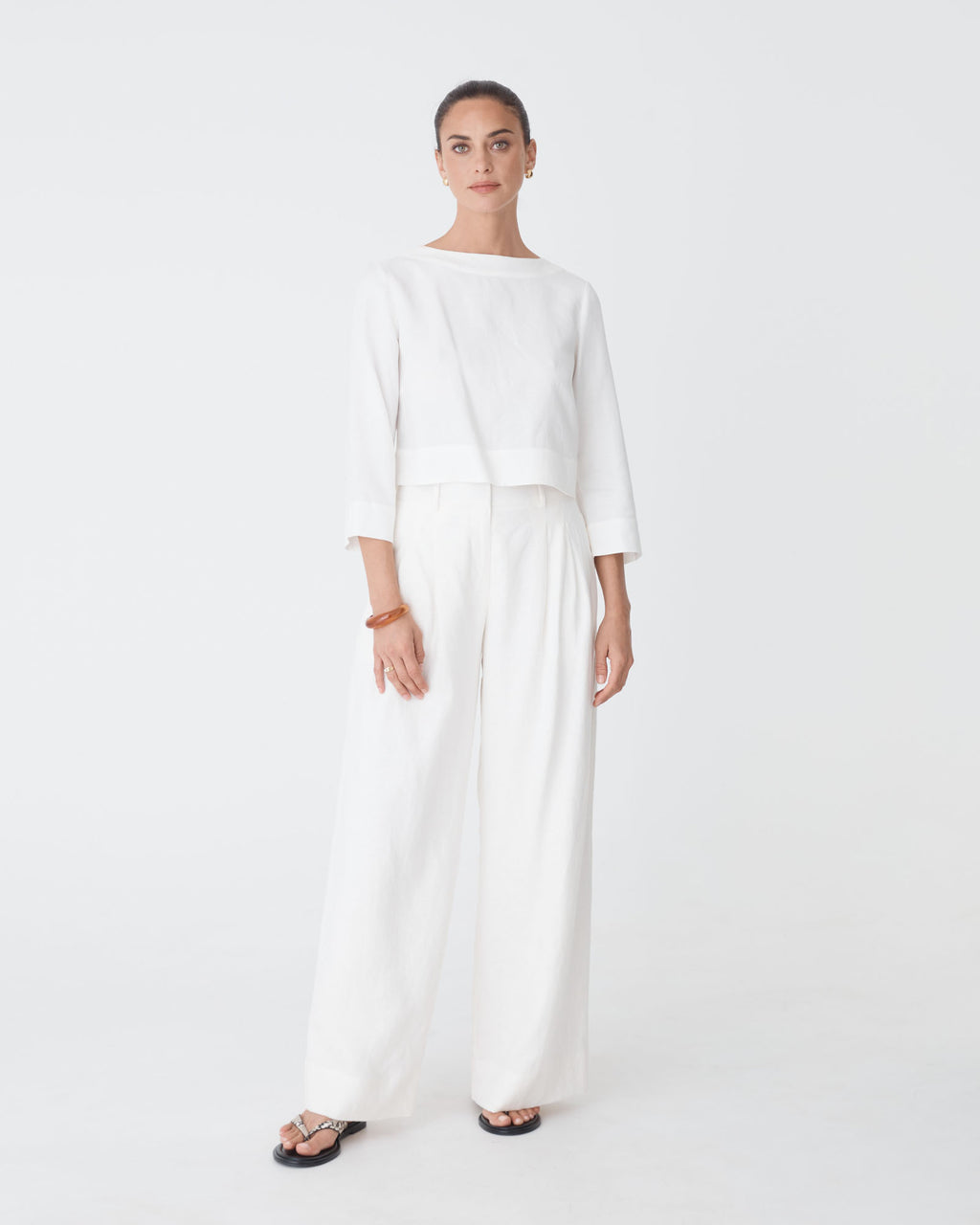 Emma Button Back Linen Top in white — full-length view