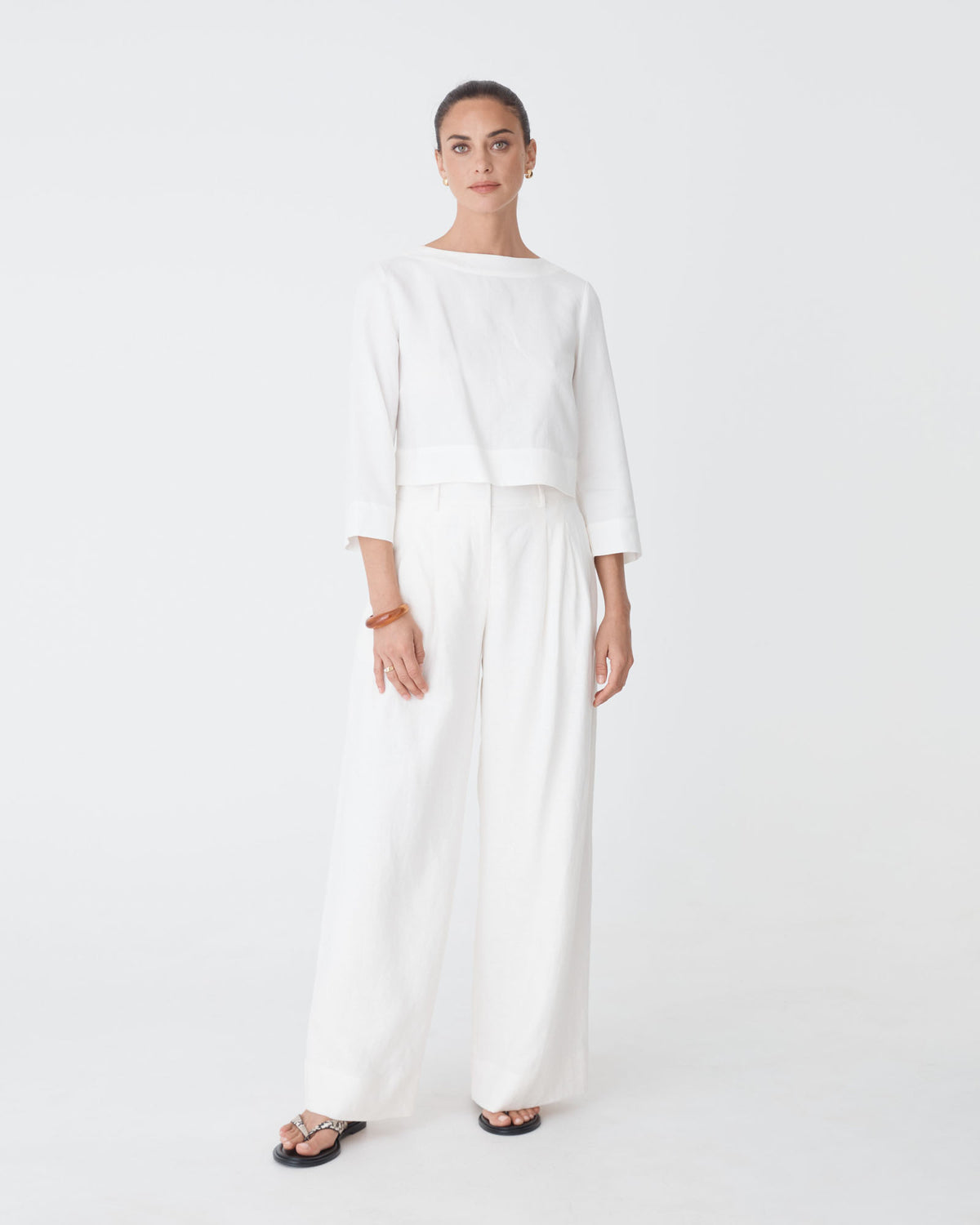 Emma Button Back Linen Top in white — full-length view