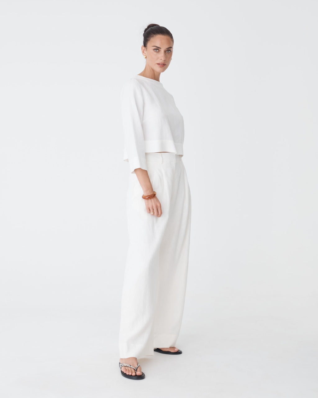 Emma Button Back Linen Top in white — side view