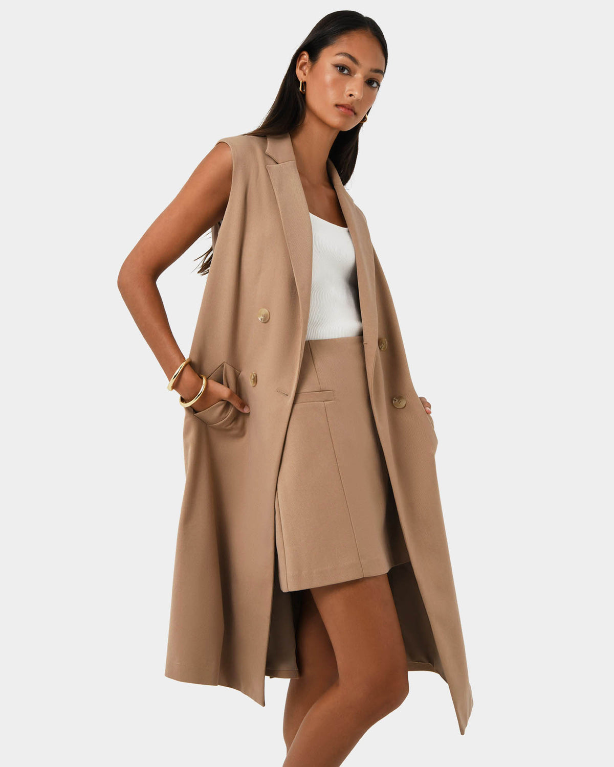 Kiya Longline Sleeveless Vest in latte — side view