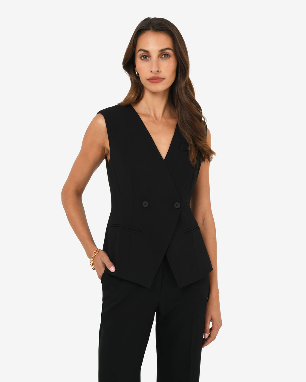 Nikki Collarless Vest in black — close-up view