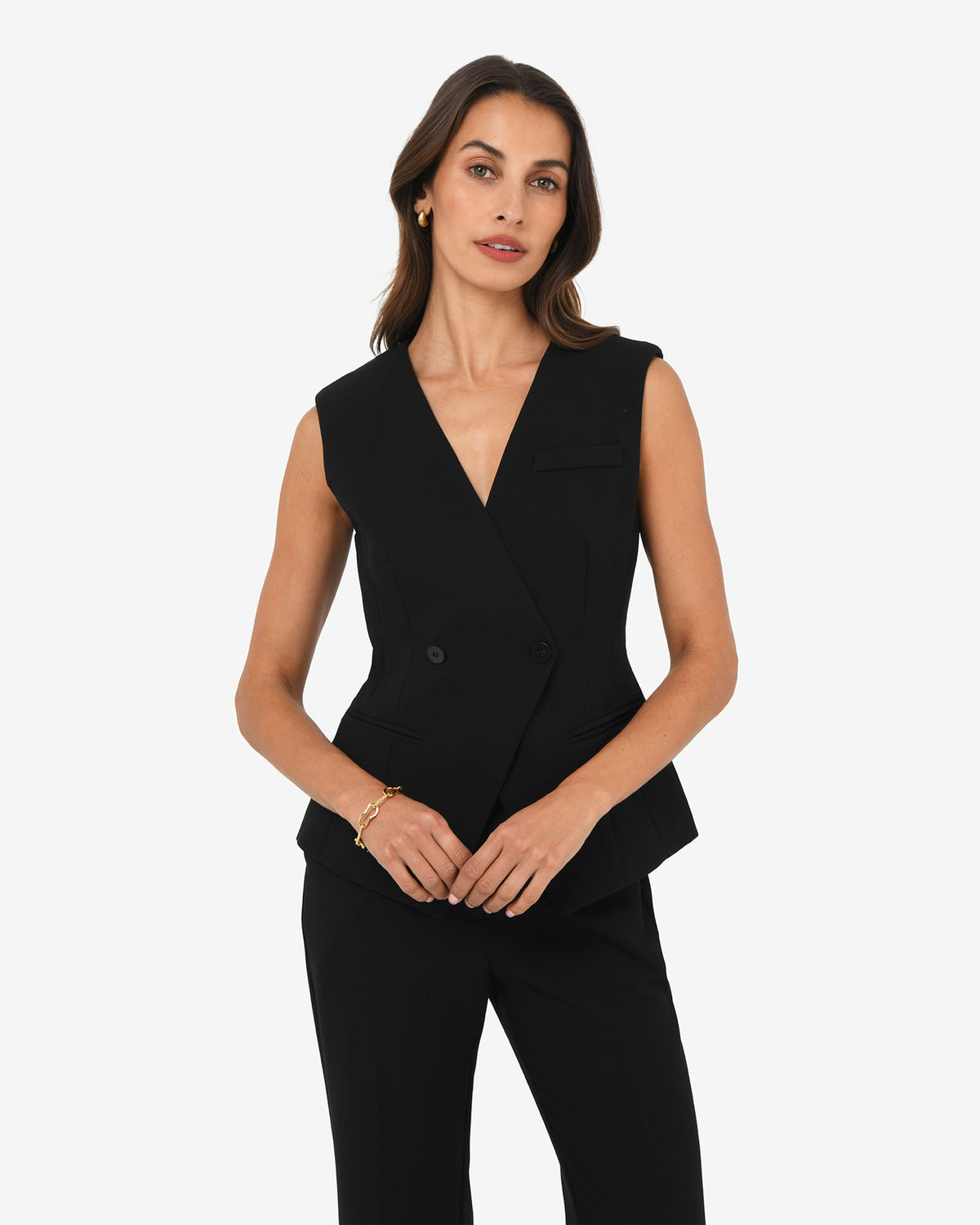 Nikki Collarless Vest in black — close-up view 2
