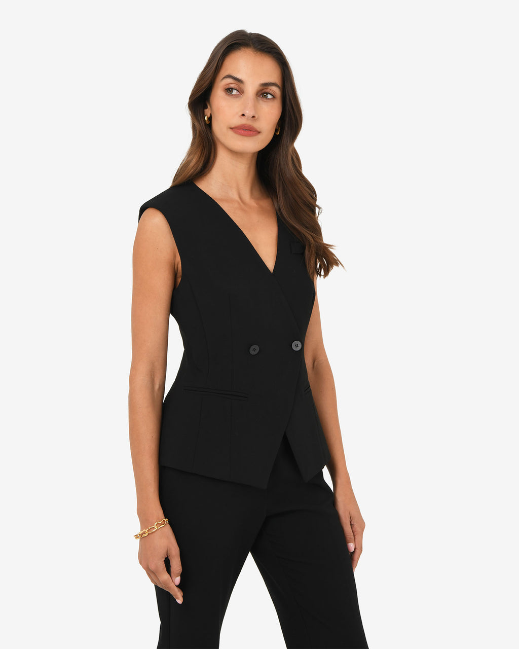 Nikki Collarless Vest in black — side view