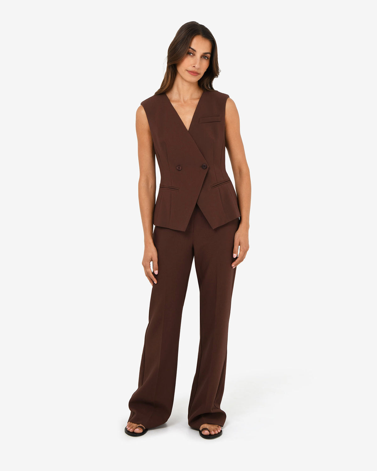 Nikki Collarless Vest in brown — full-length view