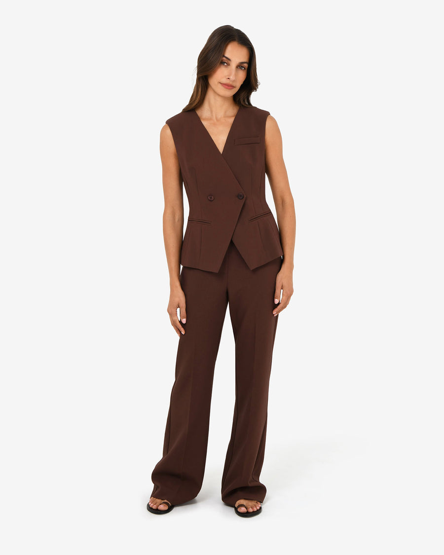 Nikki Collarless Vest in brown — full-length view