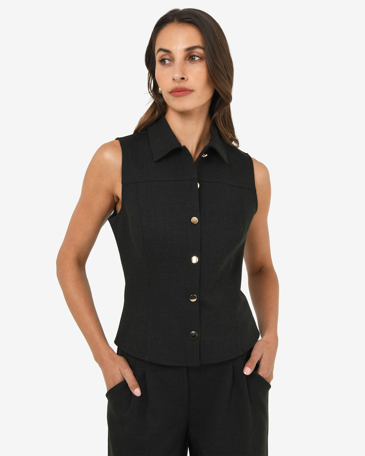 Dolly Collared Vest in black — close-up view 2