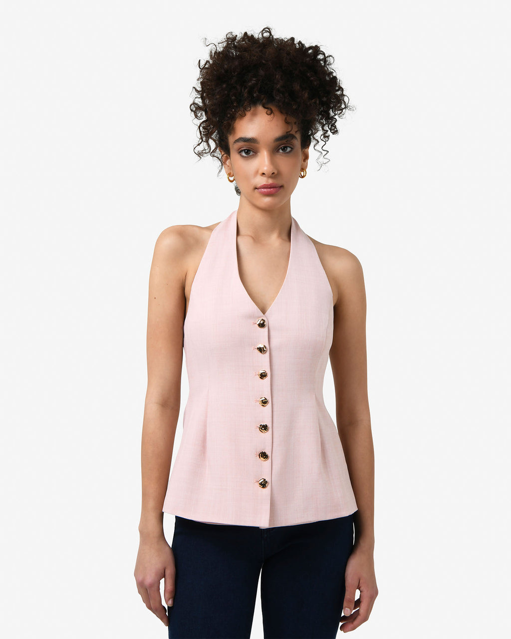 Lola Halter Neck Peplum Vest in pink — close-up view