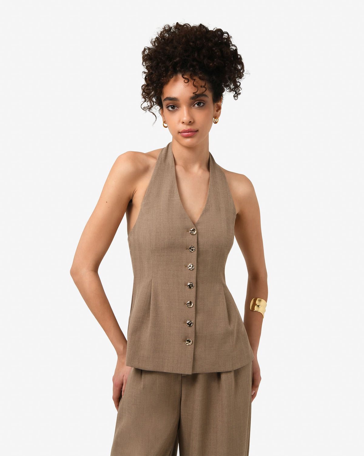 Lola Halter Neck Peplum Vest in taupe — close-up view 2
