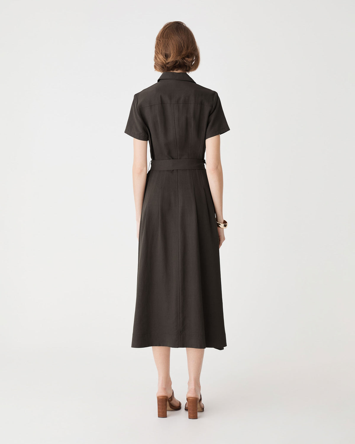 Ebony Tencel Cupro Shirt Dress in dark truffle — back view