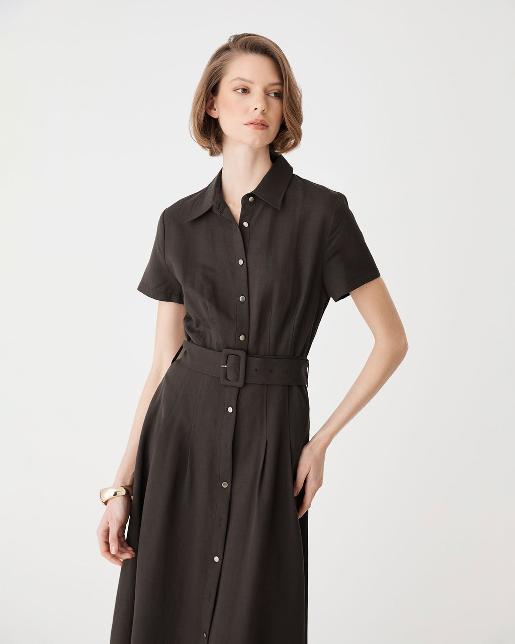 Ebony Tencel Cupro Shirt Dress in dark truffle — close-up view